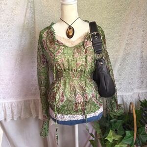 Vintage Rave Green Paisley Sheer Smocked Blouse Y2K Boho Peplum Top G6112 Large